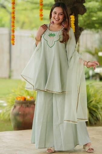 Green lotus sharara hand embroidered cotton suit set