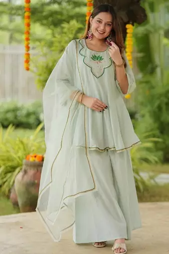 Green lotus sharara hand embroidered cotton suit set