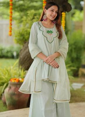 Green lotus sharara hand embroidered cotton suit set 3