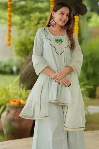 Green lotus sharara hand embroidered cotton suit set