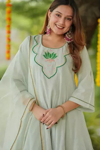 Green lotus sharara hand embroidered cotton suit set