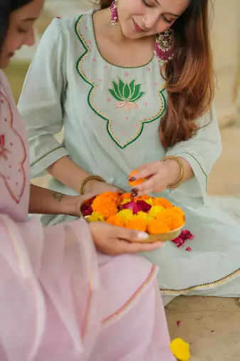 Green lotus sharara hand embroidered cotton suit set