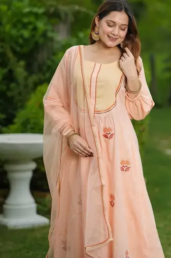 Peach lotus hand embroidered cotton suit set
