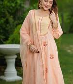 Peach lotus hand embroidered cotton suit set