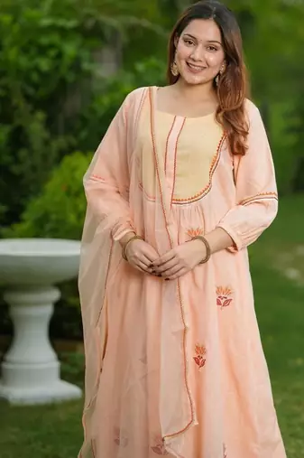 Peach lotus hand embroidered cotton suit set