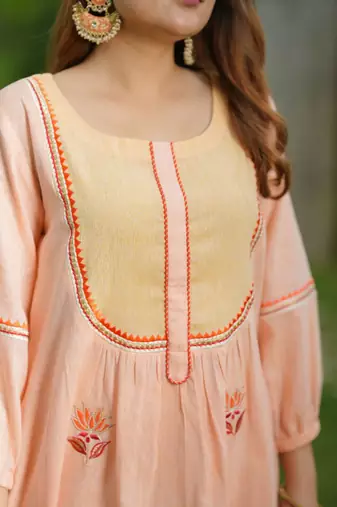 Peach lotus hand embroidered cotton suit set