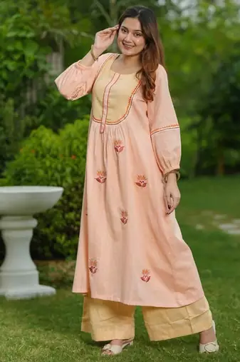 Peach lotus hand embroidered cotton suit set
