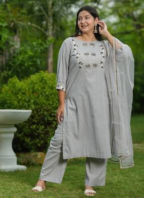 Grey lotus hand embroidered cotton suit set 1