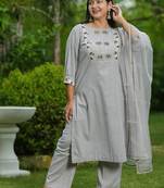 Grey lotus hand embroidered cotton suit set
