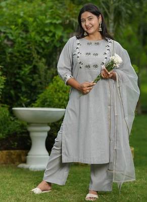 Grey lotus hand embroidered cotton suit set 2