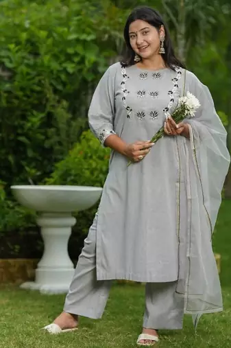 Grey lotus hand embroidered cotton suit set