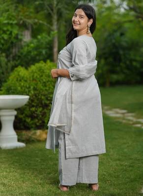 Grey lotus hand embroidered cotton suit set 3