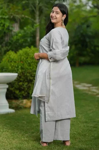 Grey lotus hand embroidered cotton suit set