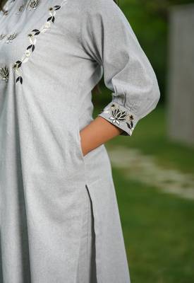 Grey lotus hand embroidered cotton suit set 4