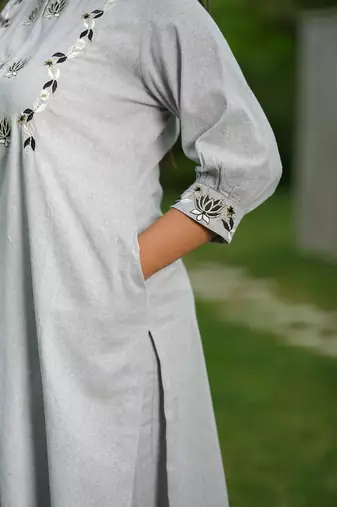 Grey lotus hand embroidered cotton suit set