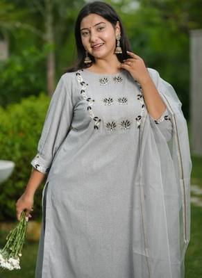 Grey lotus hand embroidered cotton suit set 5