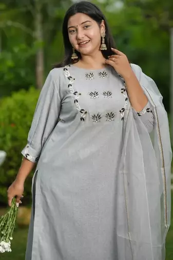 Grey lotus hand embroidered cotton suit set