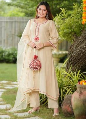 Beige lotus hand embroidered cotton suit set 1