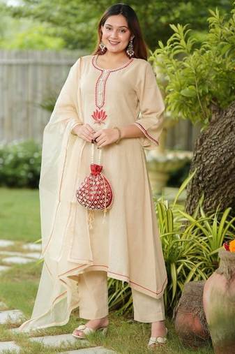Beige lotus hand embroidered cotton suit set
