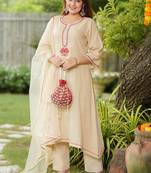Beige lotus hand embroidered cotton suit set