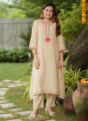 Beige lotus hand embroidered cotton suit set 2