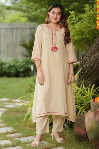 Beige lotus hand embroidered cotton suit set