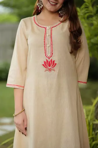 Beige lotus hand embroidered cotton suit set