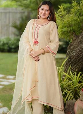 Beige lotus hand embroidered cotton suit set 5