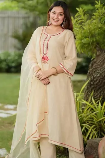 Beige lotus hand embroidered cotton suit set