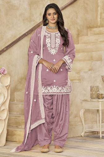 Pink embroidered roman silk patiala suits