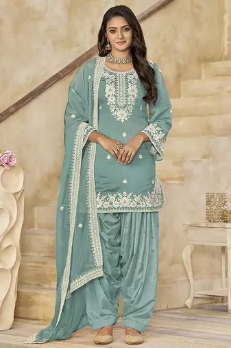 Aqua blue embroidered roman silk patiala suits