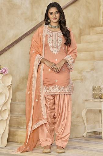 Peach embroidered roman silk patiala suits