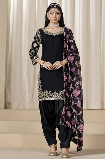 Black embroidered  roman silk patiala suits