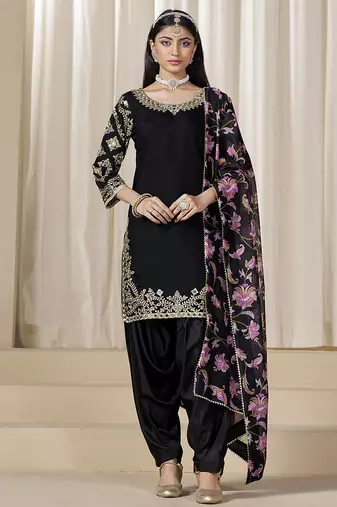 Black embroidered  roman silk patiala suits