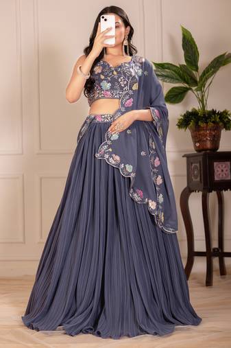 Grey Faux Georgette Embroidered Sequins Lehenga Festive Wear