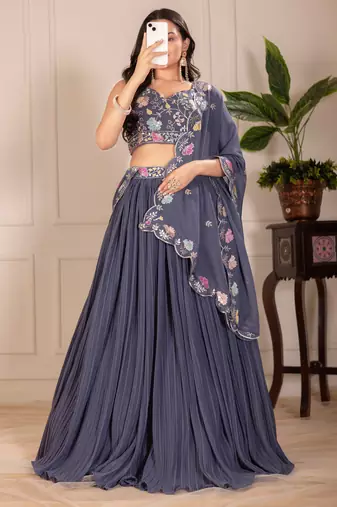 Grey Faux Georgette Embroidered Sequins Lehenga Festive Wear