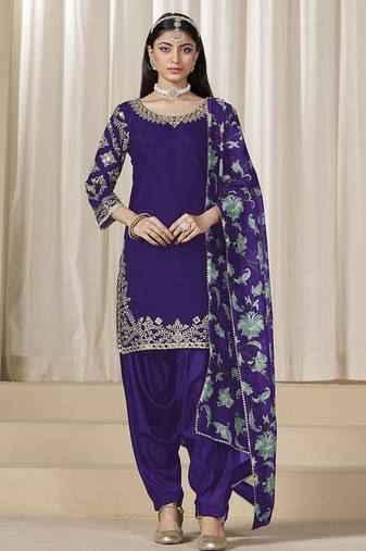 Purple embroidered  roman silk patiala suits