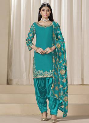 Teal blue embroidered  roman silk patiala suits 1