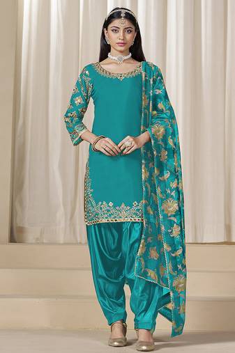 Teal blue embroidered  roman silk patiala suits