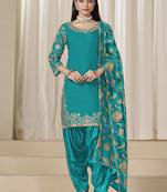 Teal blue embroidered  roman silk patiala suits