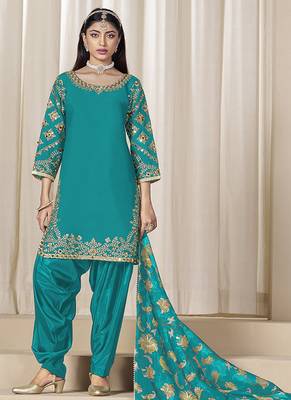 Teal blue embroidered  roman silk patiala suits 2