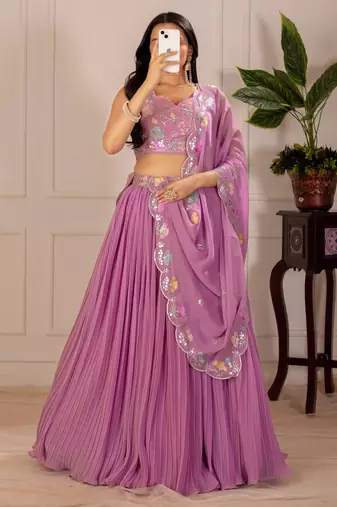 Women's Pink Faux Georgette Embroidered Sequins Lehenga Festive Wear