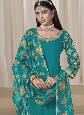 Teal blue embroidered  roman silk patiala suits 3