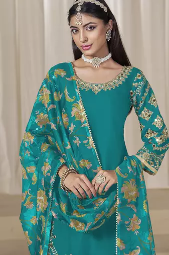 Teal blue embroidered  roman silk patiala suits