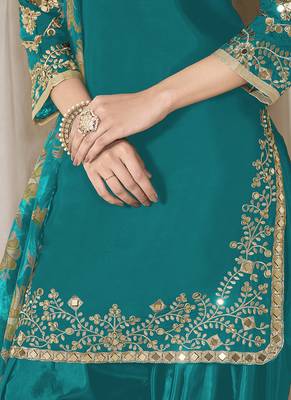 Teal blue embroidered  roman silk patiala suits 4