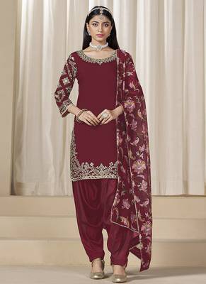 Maroon embroidered  roman silk patiala suits 1
