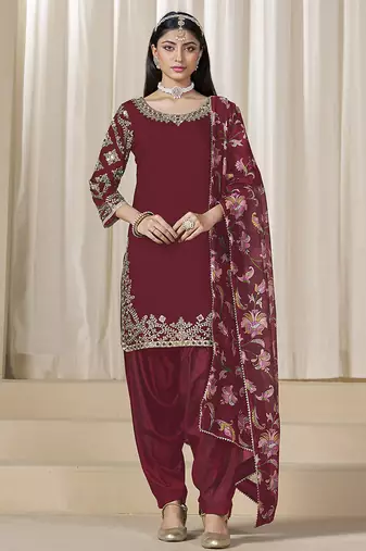 Maroon embroidered  roman silk patiala suits