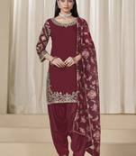 Maroon embroidered  roman silk patiala suits