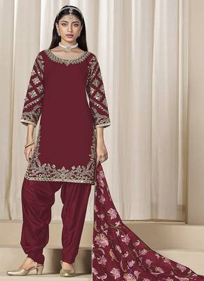 Maroon embroidered  roman silk patiala suits 2