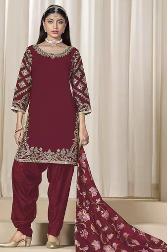 Maroon embroidered  roman silk patiala suits